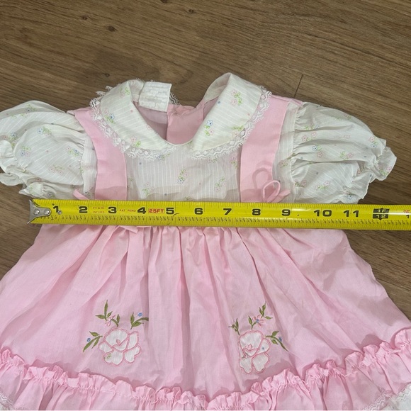 VTG 80s Cradle Togs FLORAL EYELET PRARIE BIB DRESS 12m 26-31lbs Made In USA Pink - Picture 8 of 8